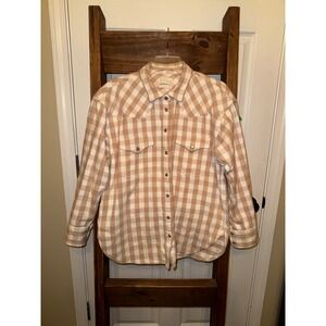 J Crew Relaxed Fit Plaid Western Shirt Women Size 4 Tan White Long Sleeve